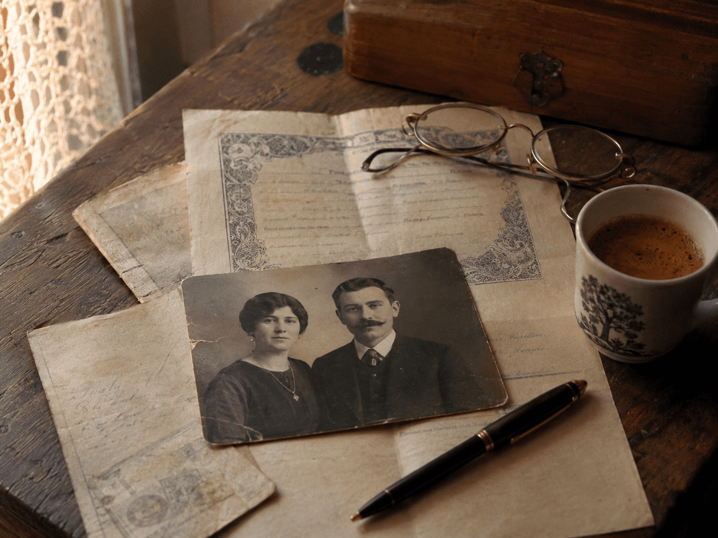 Documentos antigos de família e uma fotografia em preto e branco de imigrantes italianos sobre uma mesa de madeira