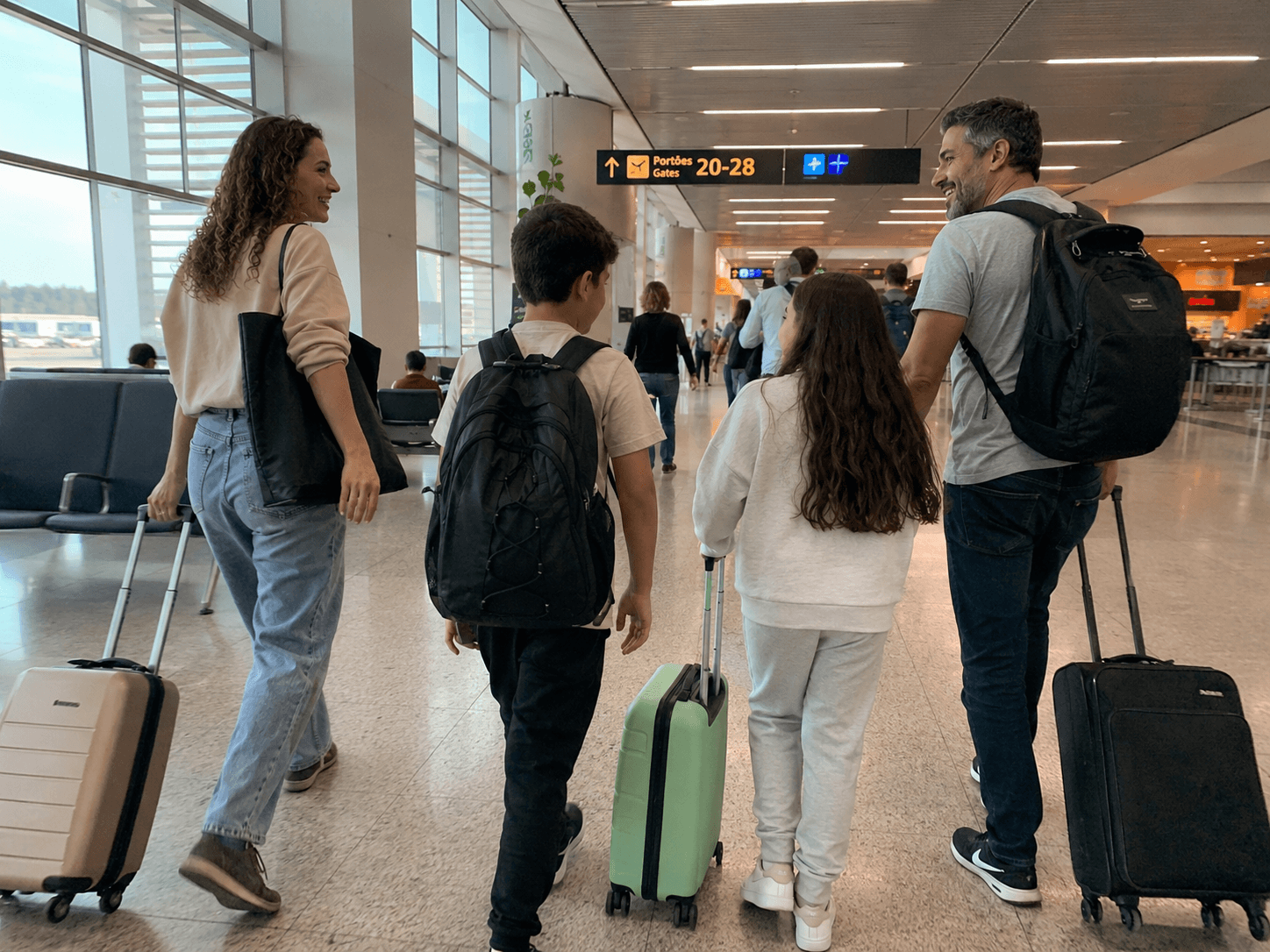 Família brasileira com malas no aeroporto, a caminho do portão de embarque para os Estados Unidos